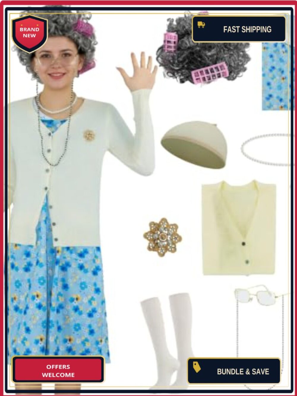 Women's Old Lady Costume Set Grandma Nightgown Cardigan Wig Cane 9pc